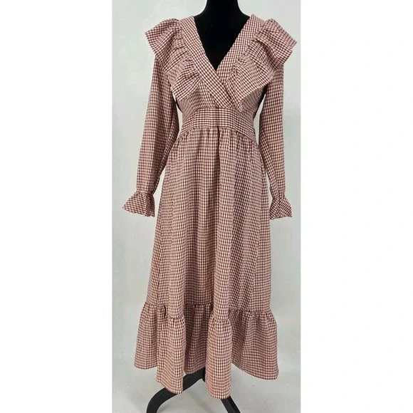 Aiden Red Gingham Maxi Dress Medium Prarie Style Tiered Ruffle Cottagecore - Picture 1 of 4